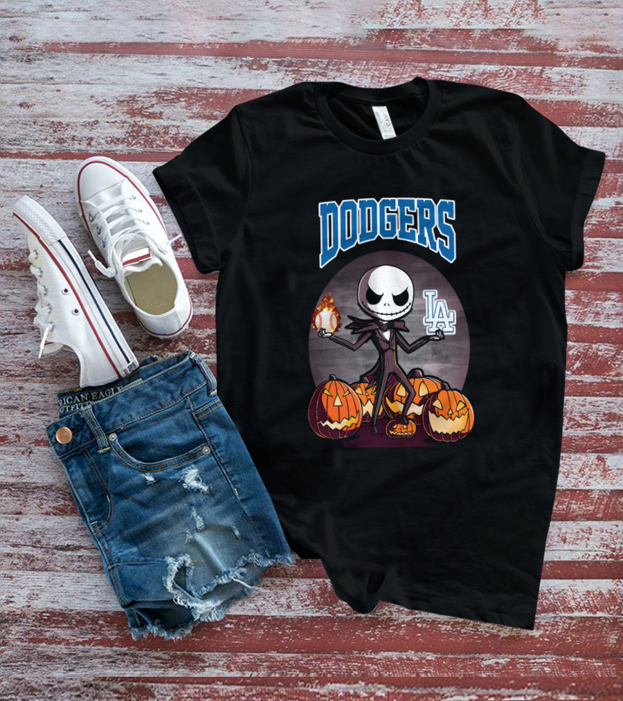 Dodgers Jack Skellington Halloween With LA Logo And Pumpkins T-Shirt