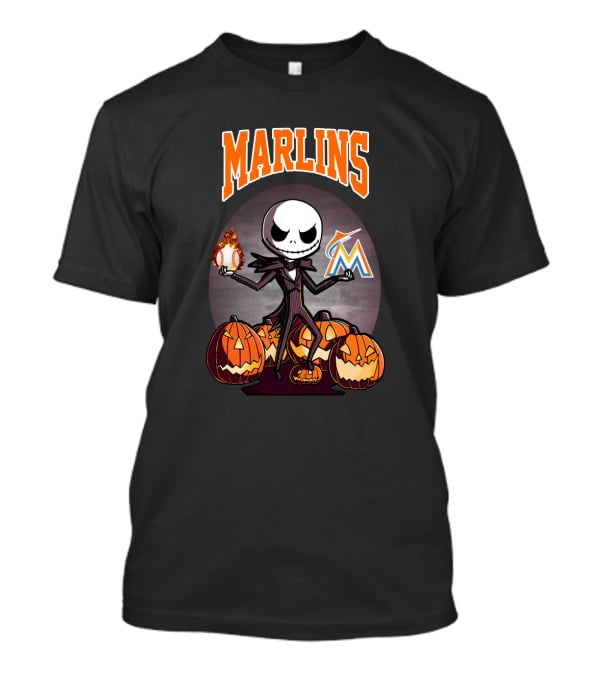 Marlins Jack Skellington With Pumpkins And Miami Baseball T-Shirt