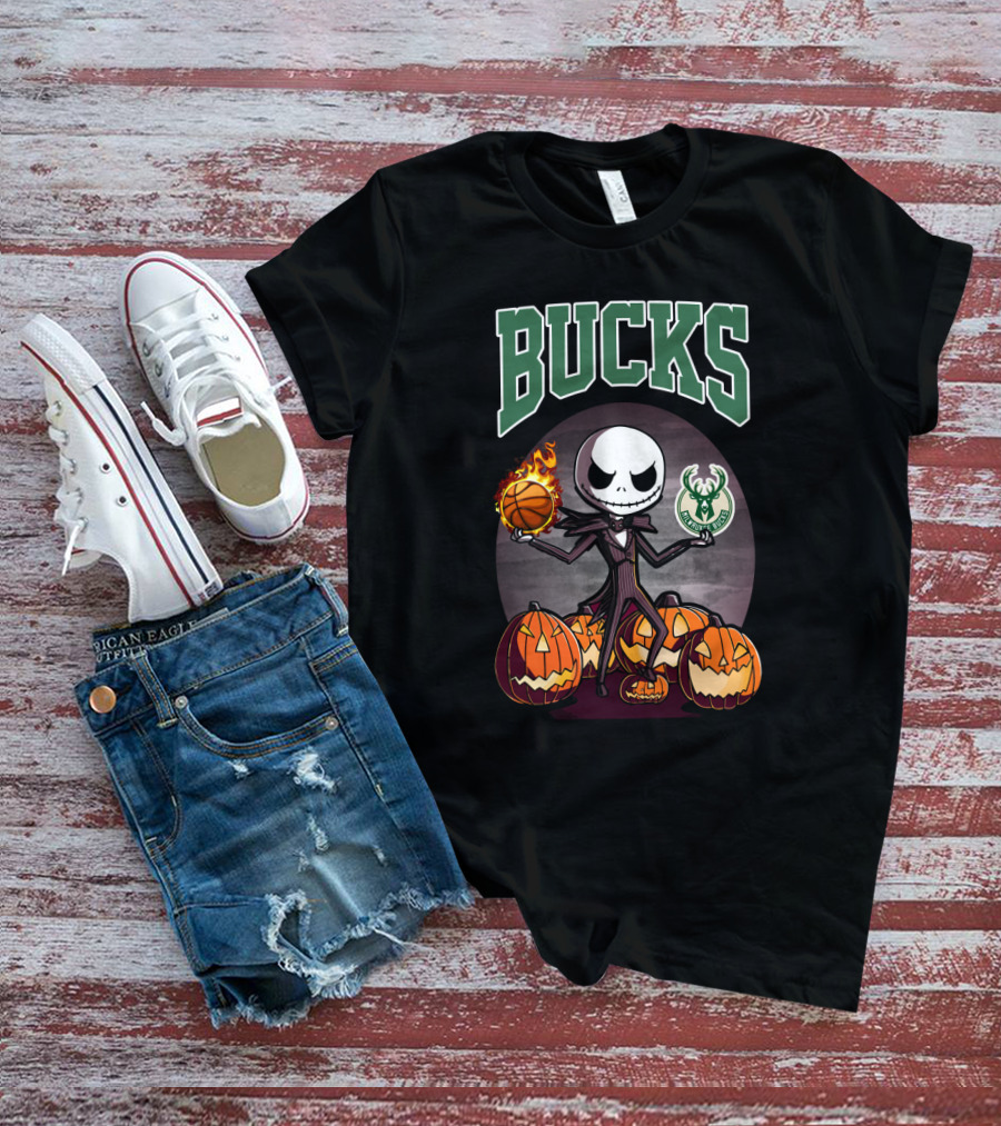 Bucks Jack Skellington Holding Flaming Basketball And Milwaukee Bucks Logo With Halloween Pumpkins T-Shirt