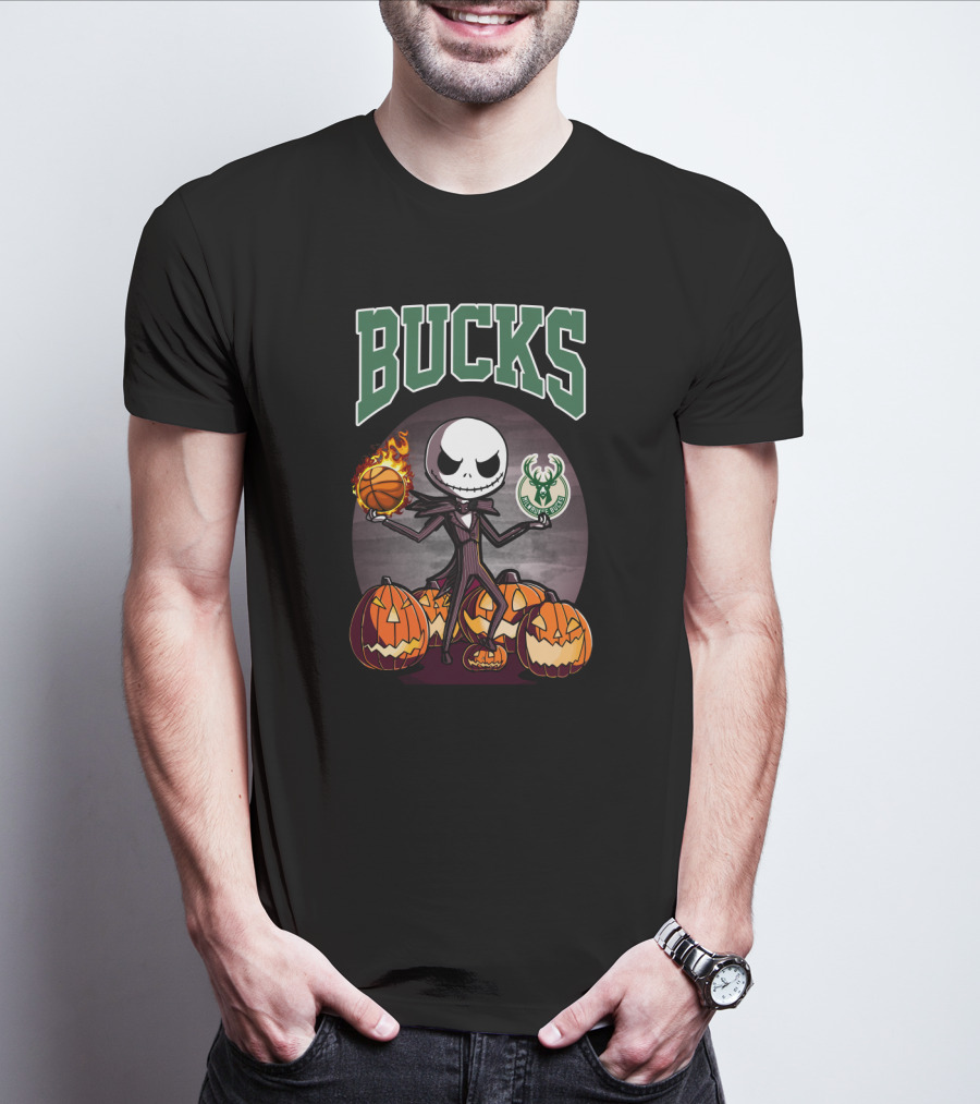 Bucks Jack Skellington Holding Flaming Basketball And Milwaukee Bucks Logo With Halloween Pumpkins T-Shirt