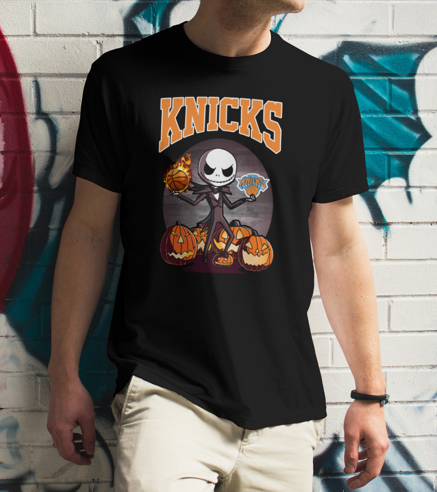 Knicks Jack Skellington Halloween Basketball With Pumpkins T-Shirt