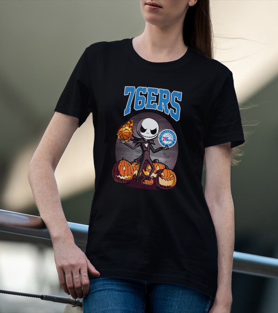 Philadelphia 76ers Jack Skellington Halloween Basketball Pumpkins T-Shirt