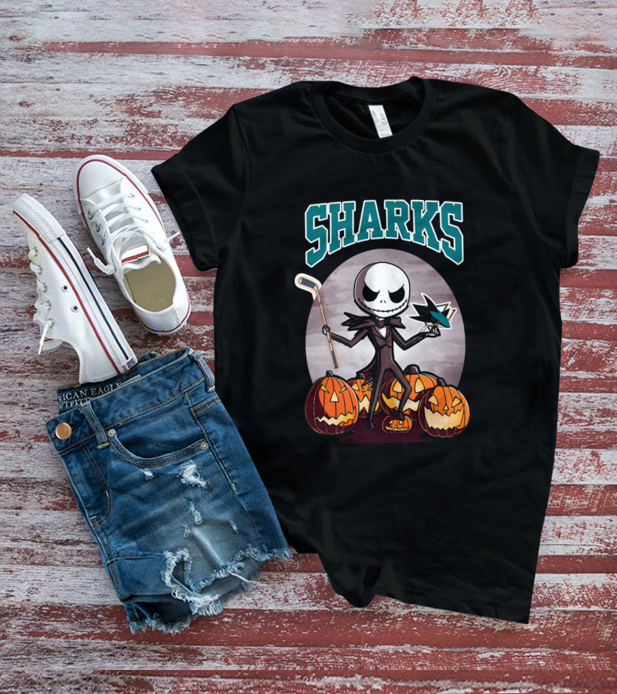 Jack Skellington San Jose Sharks Halloween Hockey Pumpkins T-Shirt