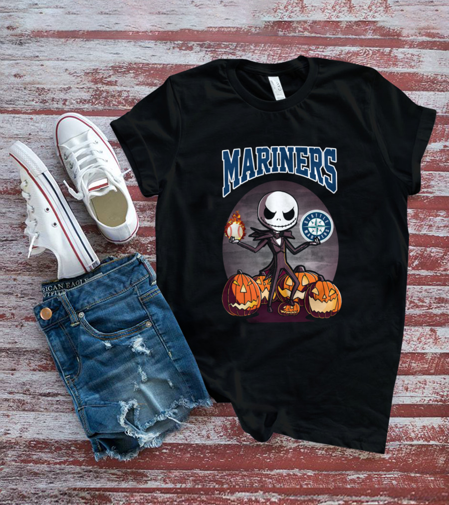 Mariners Jack Skellington Seattle Halloween Baseball And Pumpkins T-Shirt
