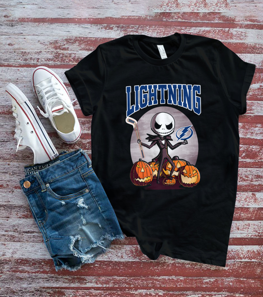 Jack Skellington Halloween Tampa Bay Lightning Hockey And Pumpkins T-Shirt