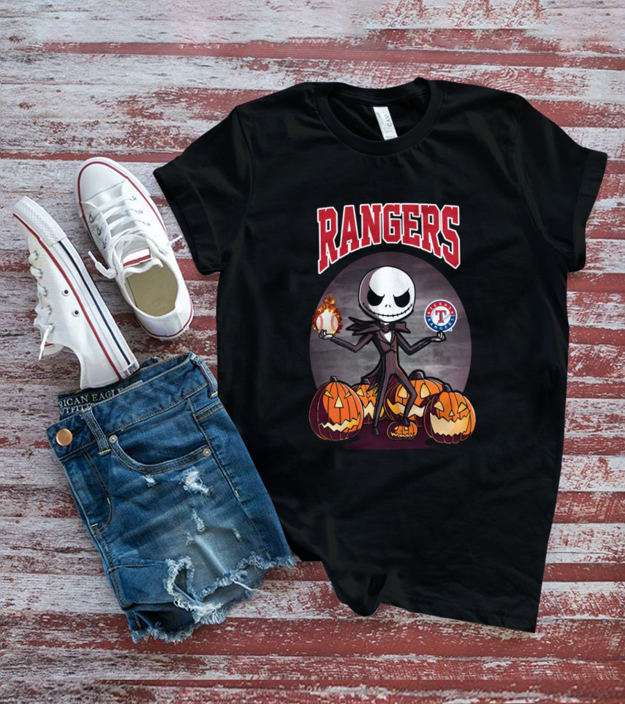 Rangers Jack Skellington Halloween With Texas Baseball Pumpkins T-Shirt