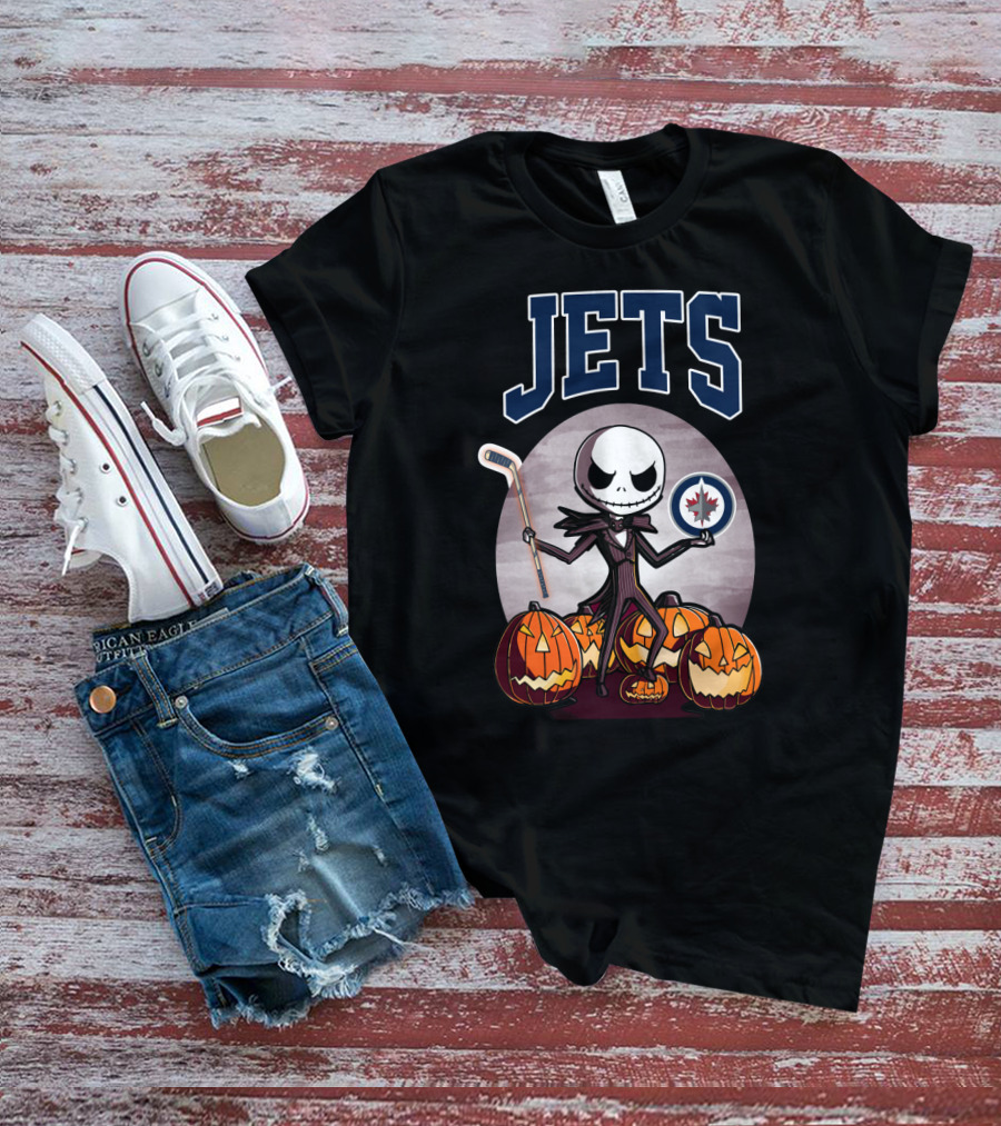 Jack Skellington Halloween Winnipeg Jets Hockey And Pumpkins T-Shirt