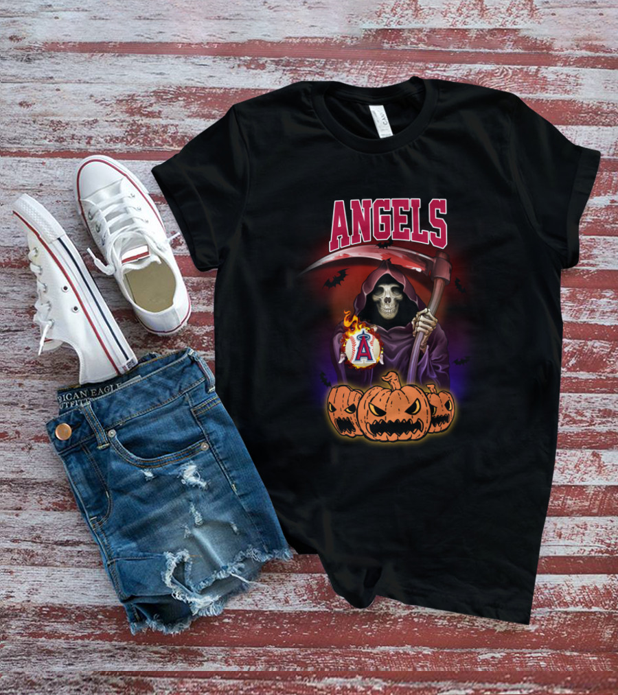 Angels Grim Reaper With Scythe And Halloween Pumpkins T-Shirt