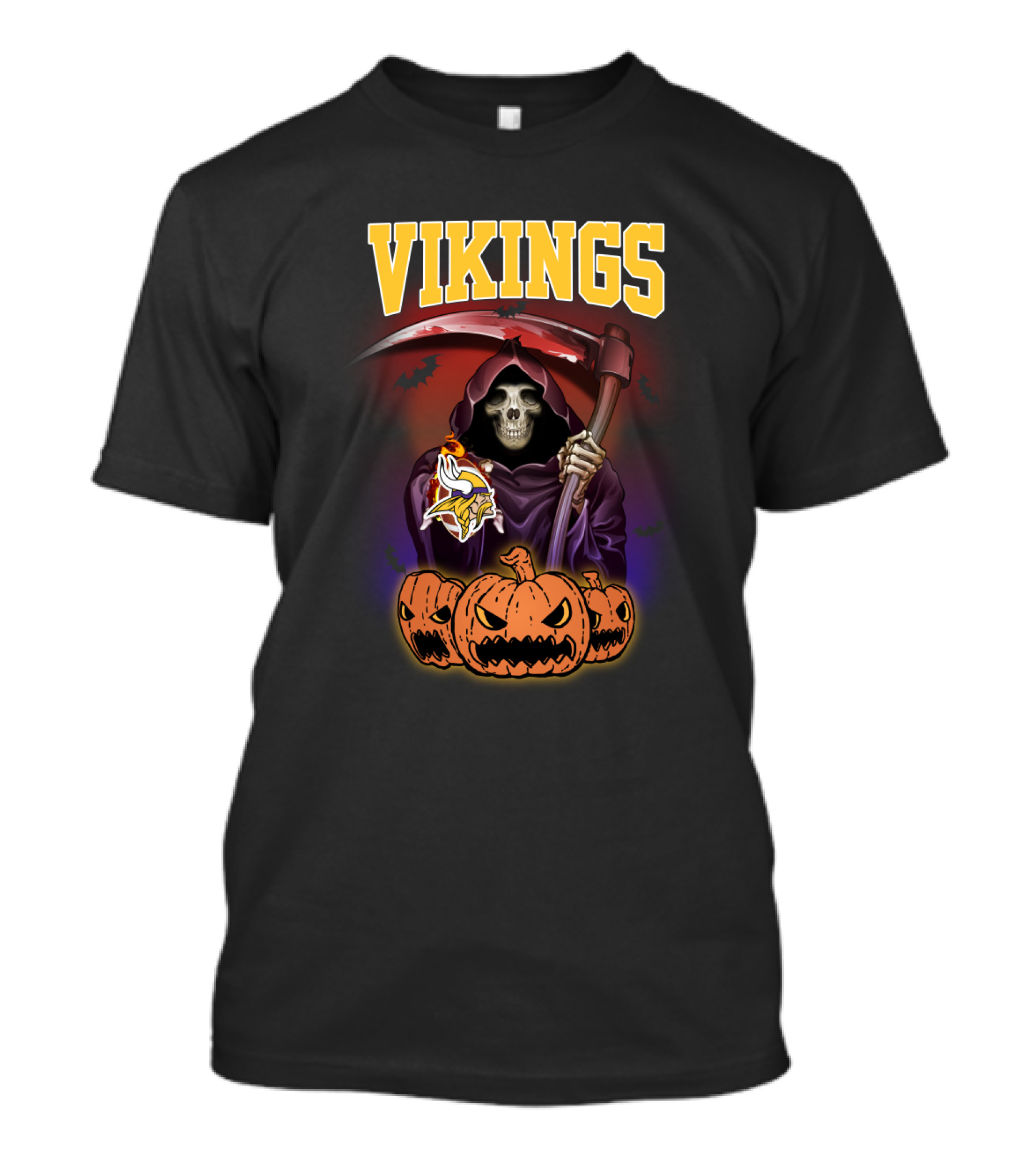 Vikings Halloween Grim Reaper With Scythe And Pumpkins Minnesota T-Shirt