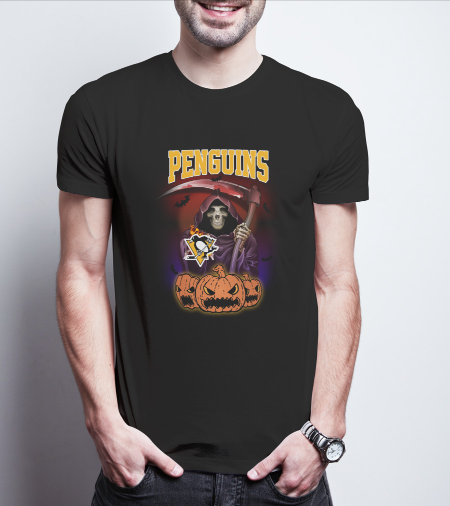 Penguins Grim Reaper With Scythe And Pumpkins Halloween T-Shirt