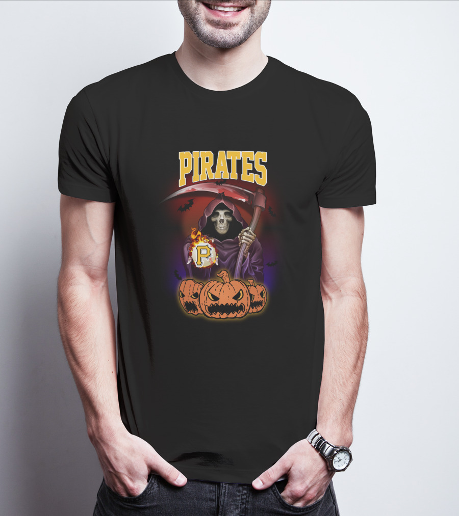 Pittsburgh Pirates Reaper With Scythe And Flaming Baseball Surrounded By Pumpkins Halloween T-Shirt
