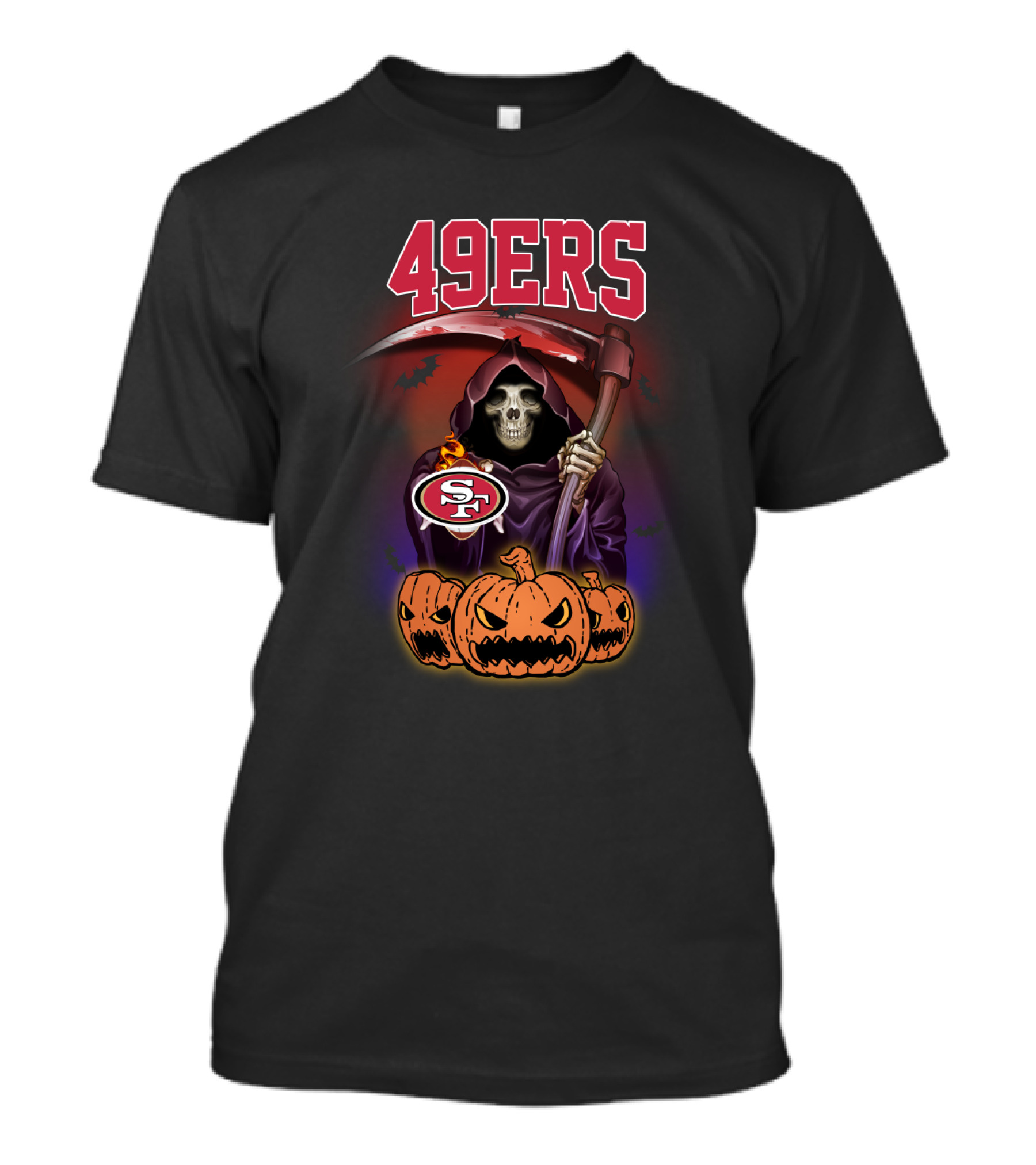 49ers Halloween Grim Reaper With Pumpkins And Scythe T-Shirt