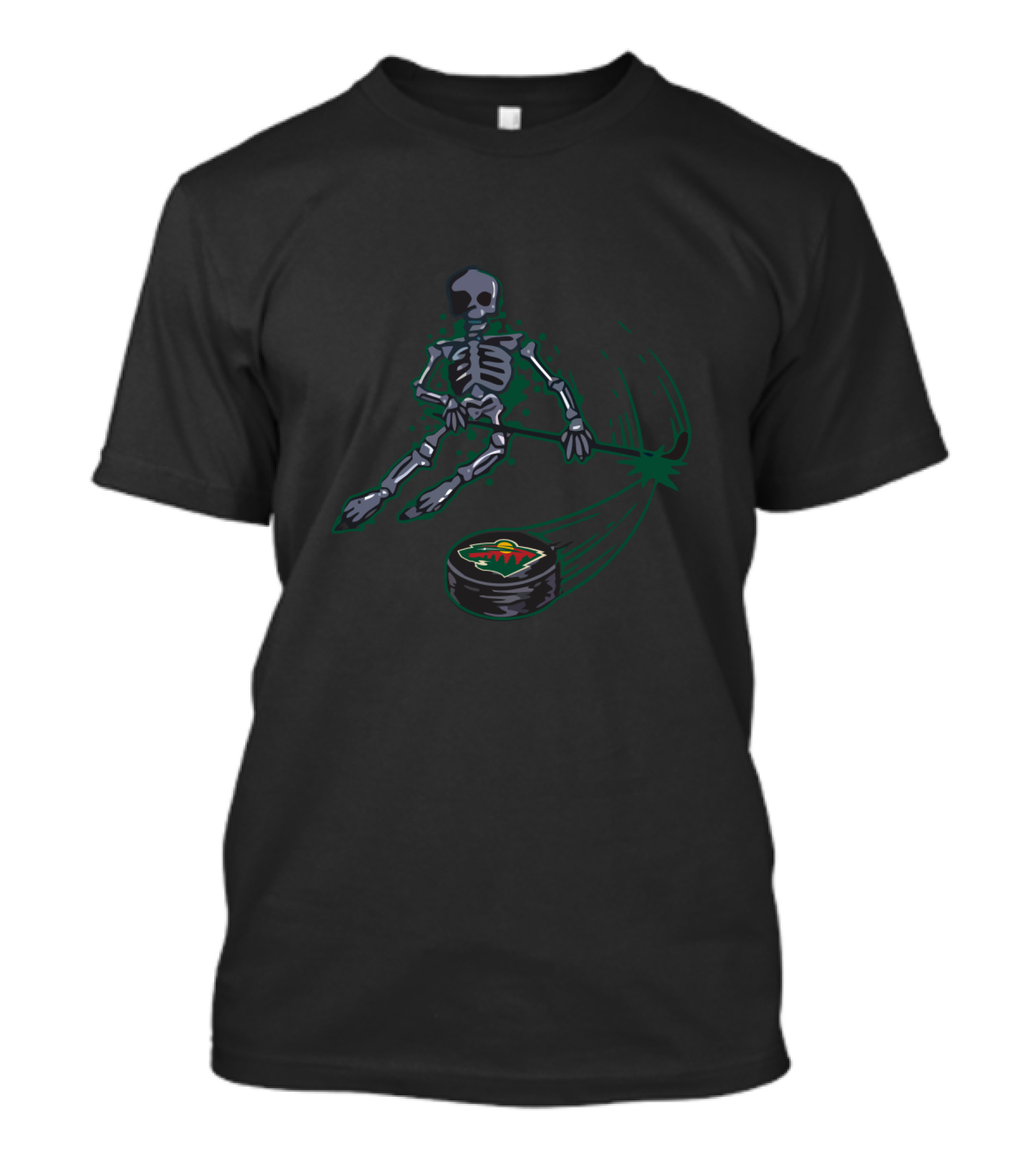Skeleton Playing Ice Hockey With Minnesota Wild Puck T-Shirt