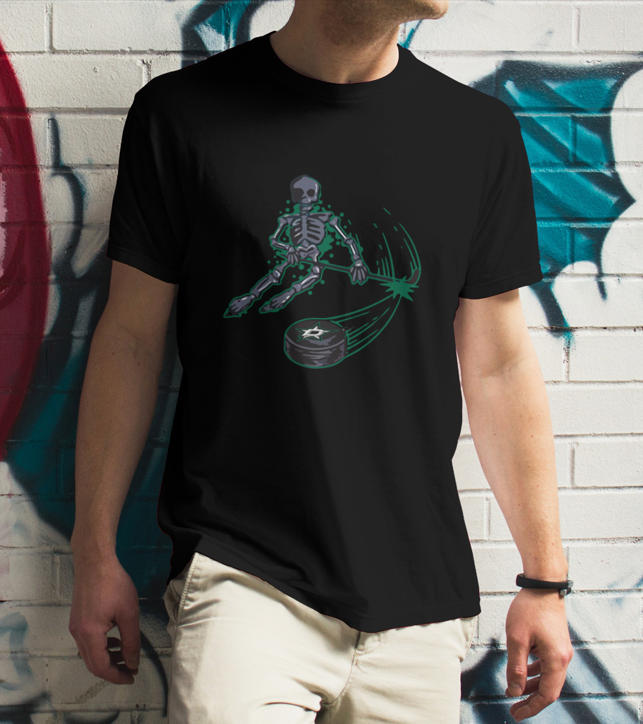 Skeleton Hockey Action With Dallas Stars Puck For Enthusiastic Fans T-Shirt