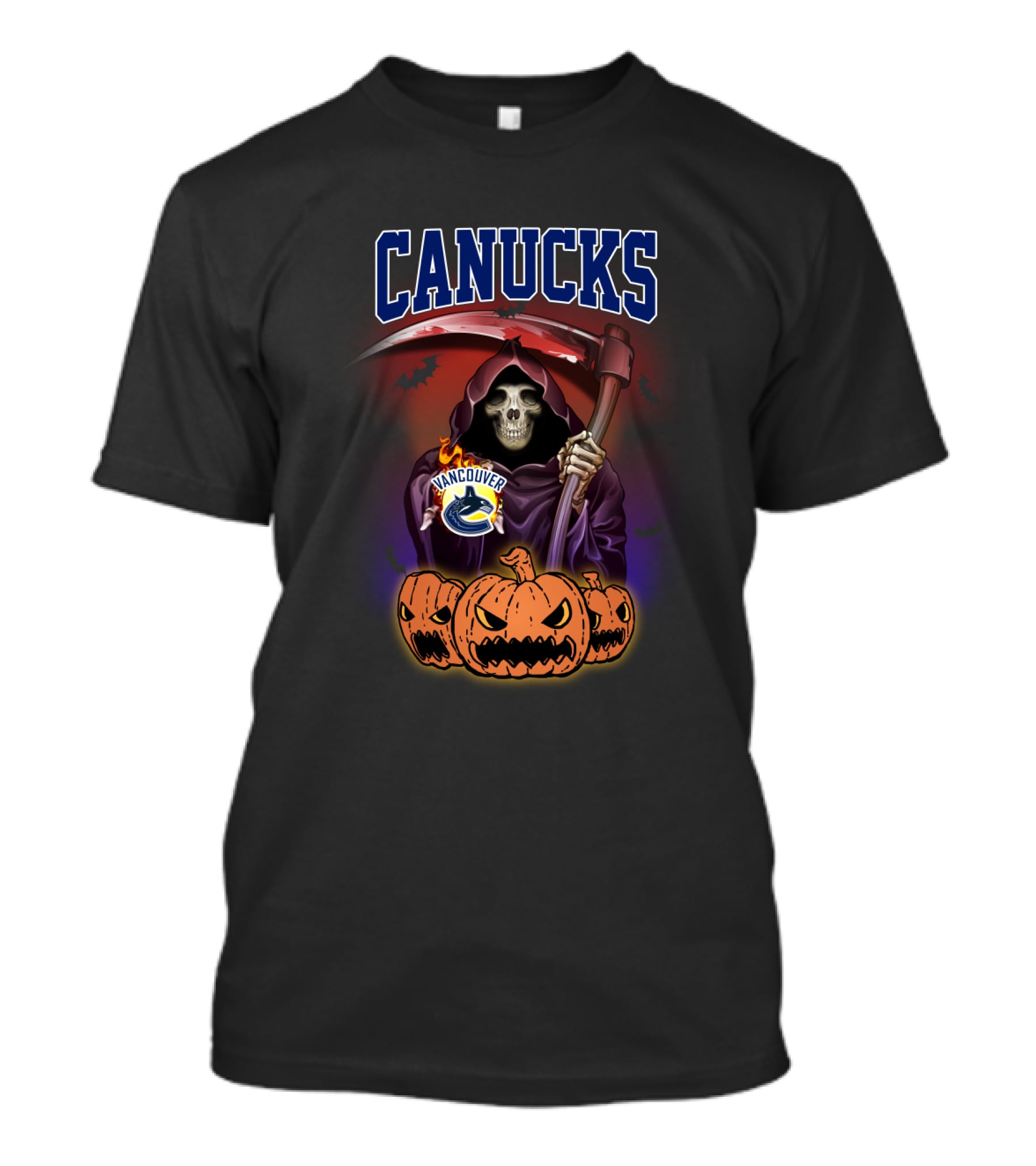 Vancouver Canucks Halloween Reaper With Scythe And Pumpkin Trio T-Shirt
