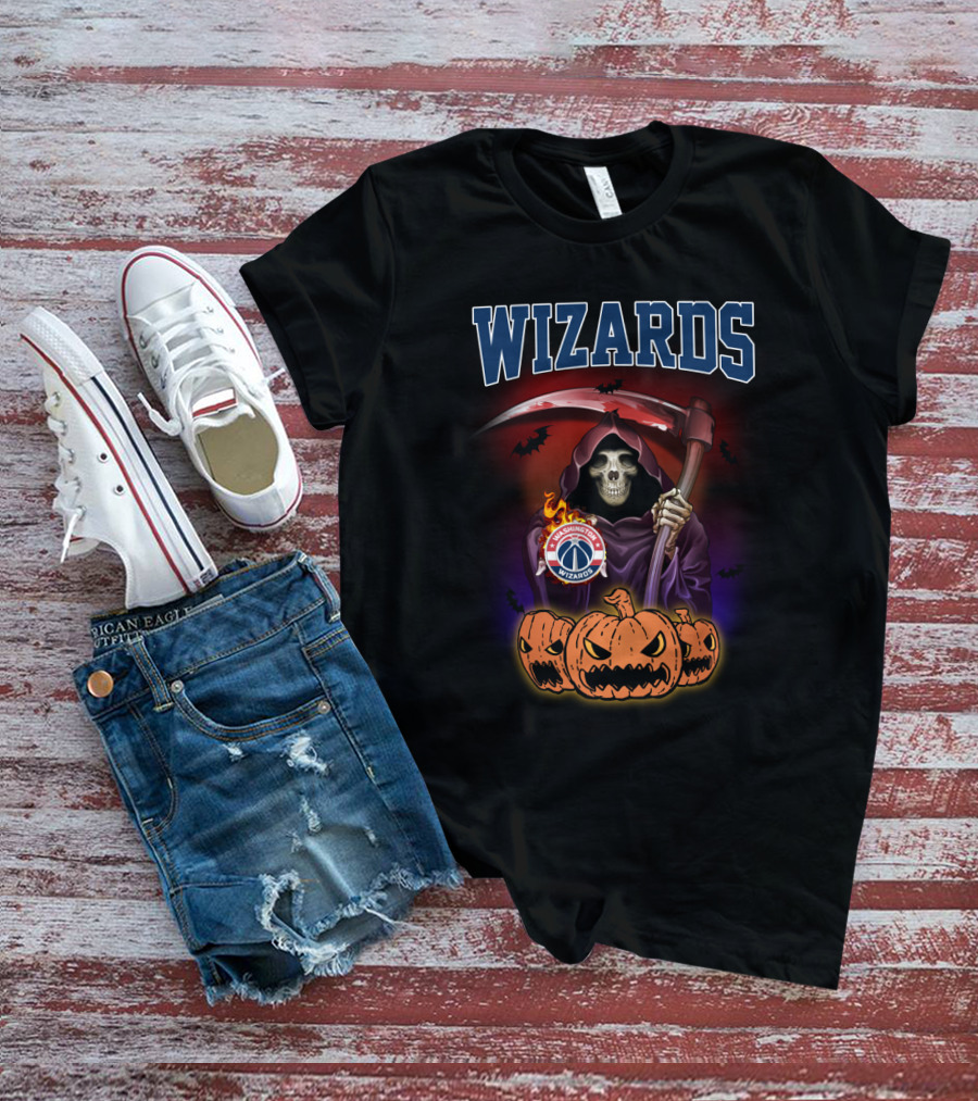 Wizards Skeleton With Scythe And Washington Wizards Logo Surrounded By Pumpkins T-Shirt