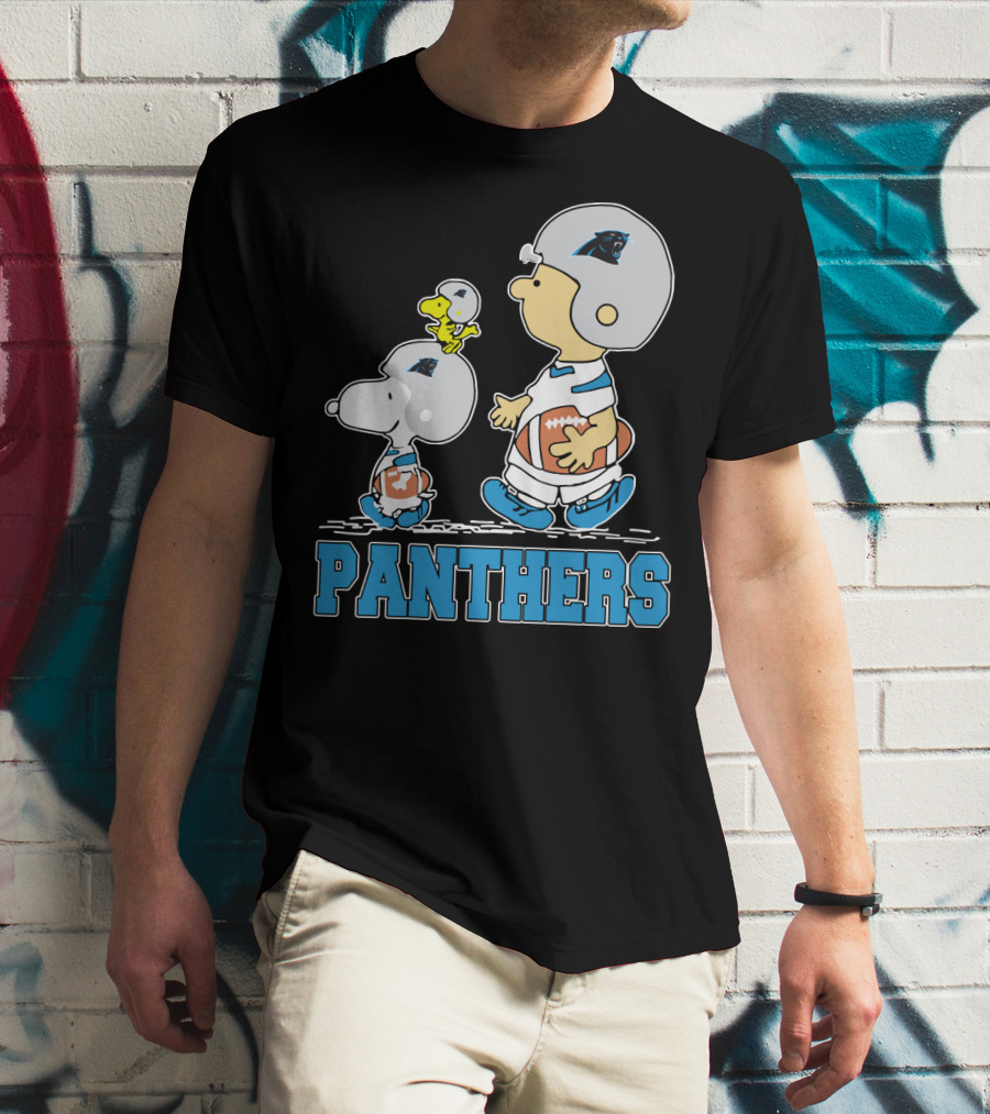 Snoopy And Woodstock With Carolina Panthers Football Helmets T-Shirt