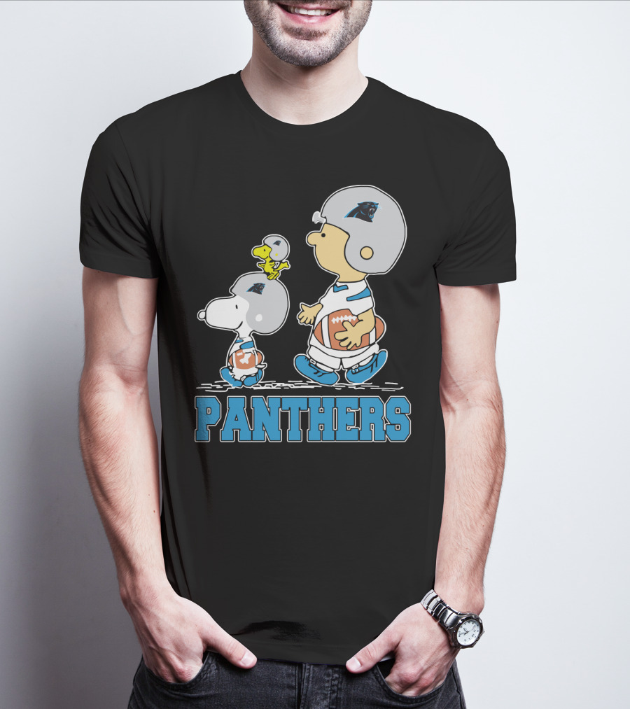 Snoopy And Woodstock With Carolina Panthers Football Helmets T-Shirt