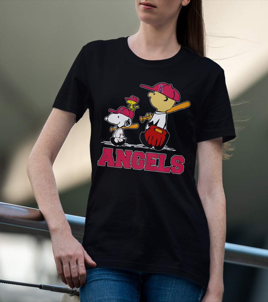 Snoopy Los Angeles Angels Baseball Fans With Woodstock And Bat T-Shirt