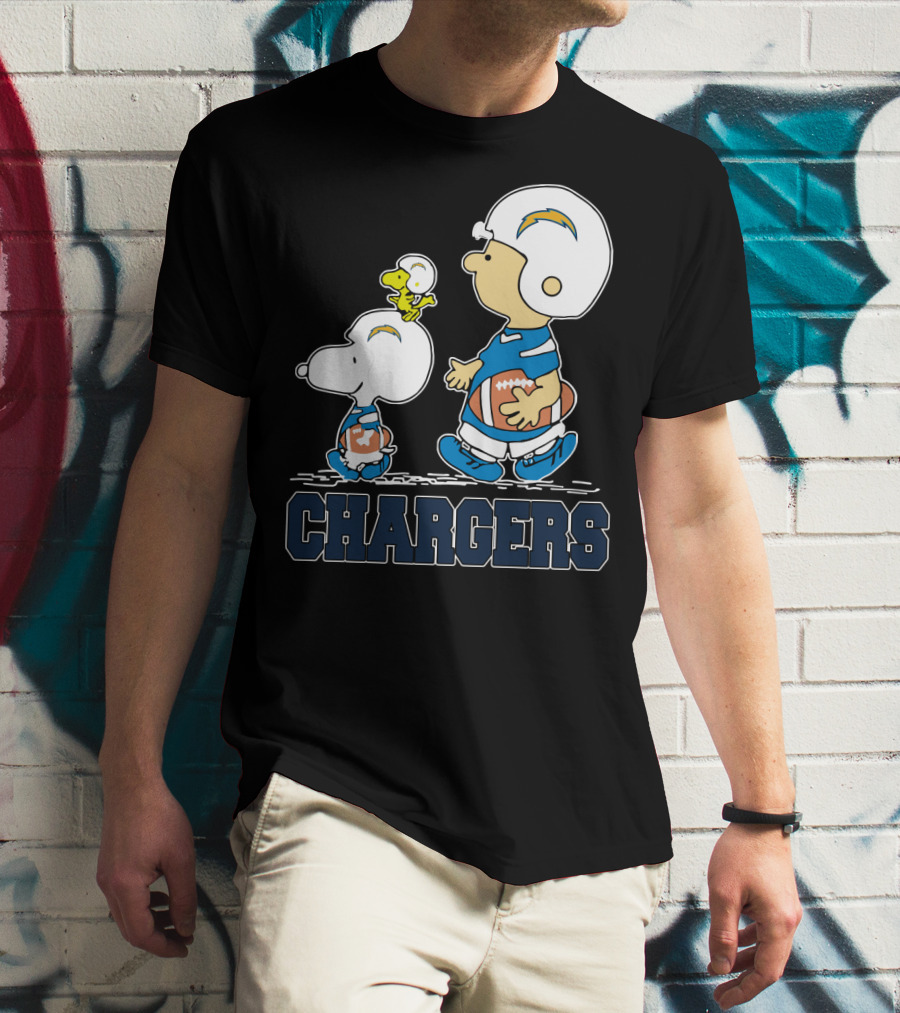 Snoopy And Woodstock With Los Angeles Chargers Football Helmets And Jersey T-Shirt