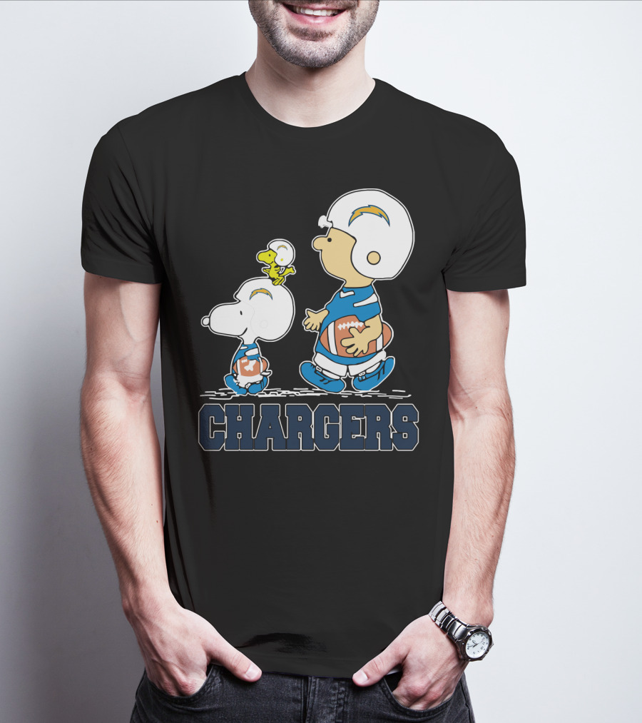Snoopy And Woodstock With Los Angeles Chargers Football Helmets And Jersey T-Shirt