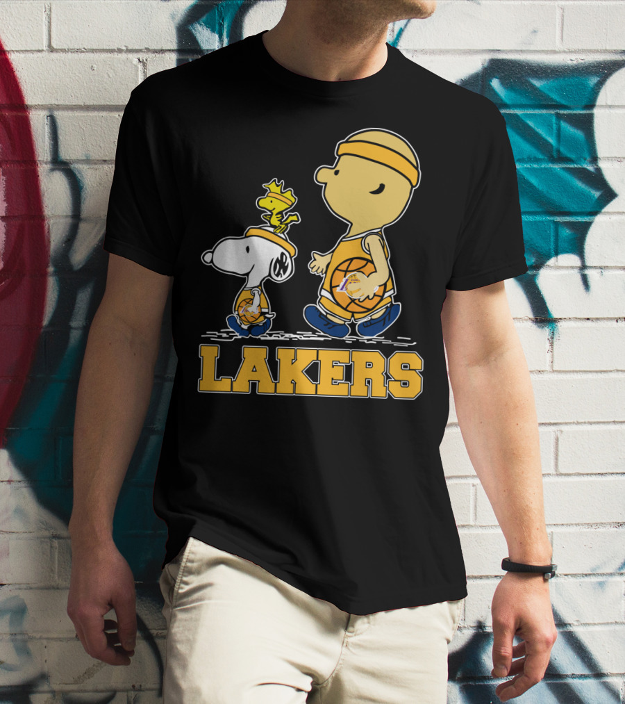 Snoopy And Woodstock With Basketballs For Los Angeles Lakers Fans T-Shirt