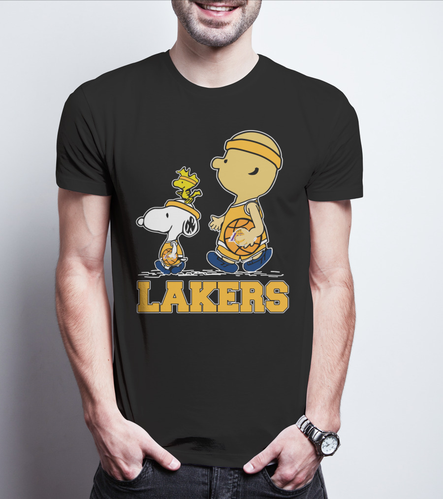 Snoopy And Woodstock With Basketballs For Los Angeles Lakers Fans T-Shirt