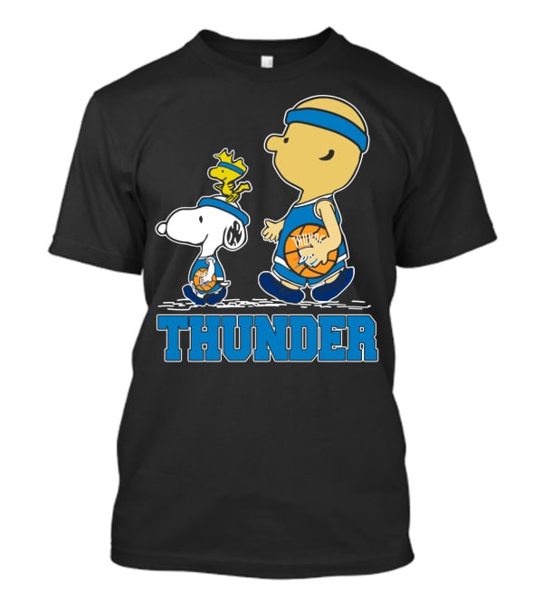 Snoopy And Oklahoma City Thunder Basketball Fans Walking With Woodstock T-Shirt