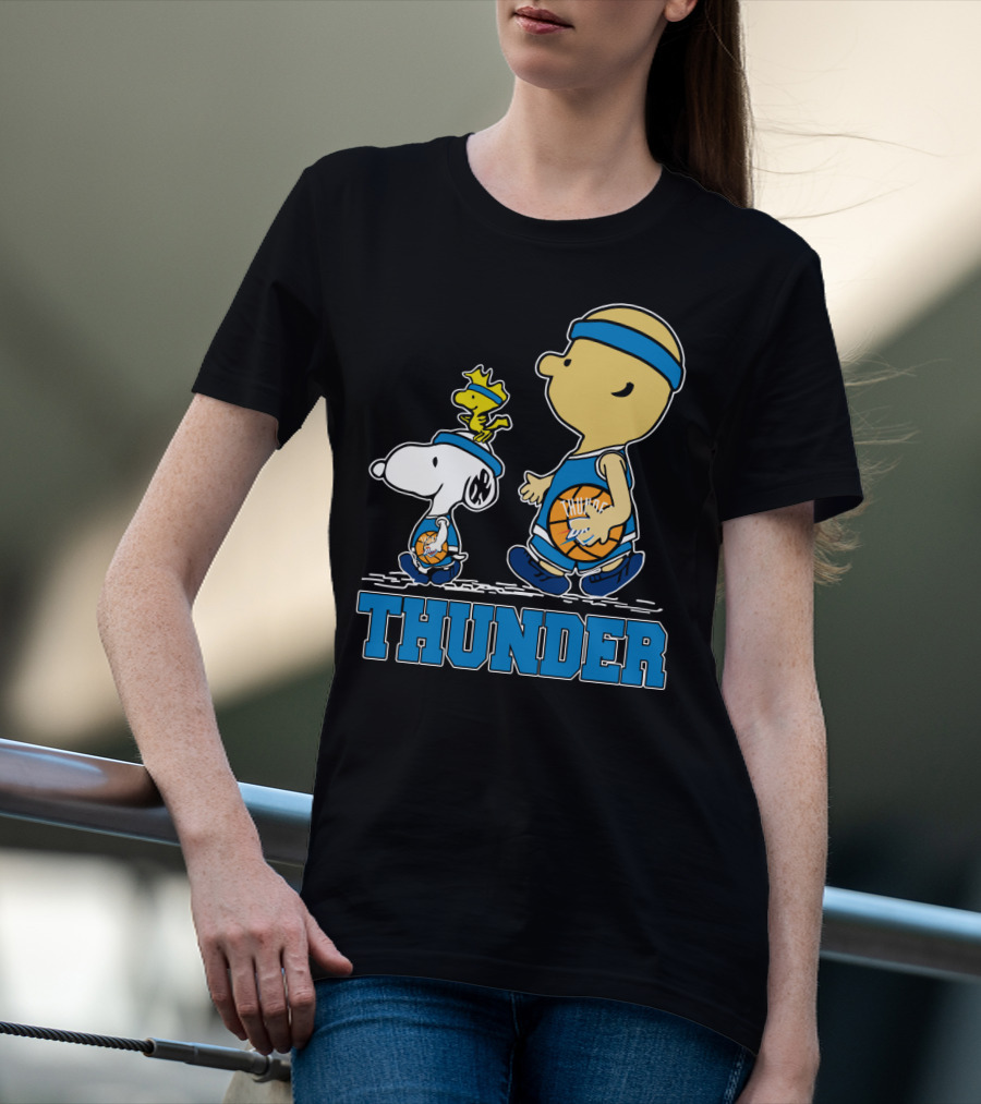 Snoopy And Oklahoma City Thunder Basketball Fans Walking With Woodstock T-Shirt