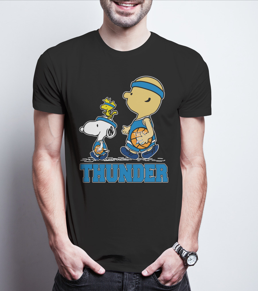 Snoopy And Oklahoma City Thunder Basketball Fans Walking With Woodstock T-Shirt
