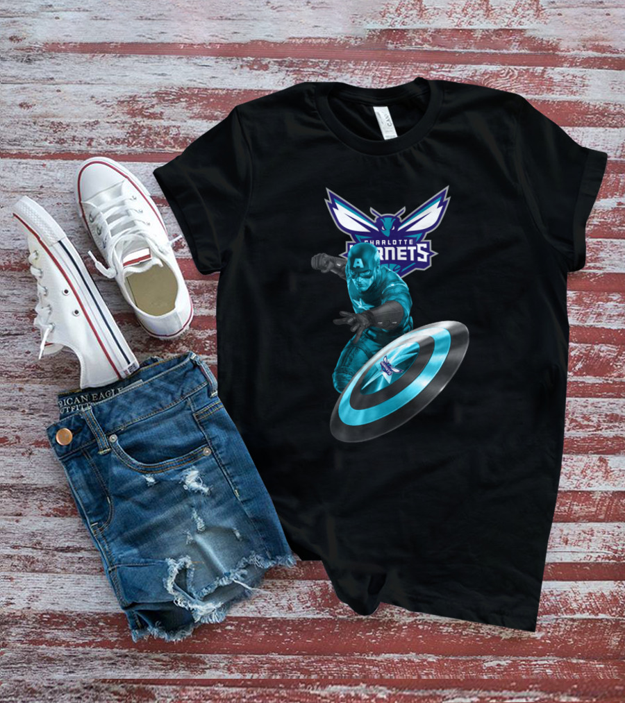 Charlotte Hornets Captain America Crossover Shield T-Shirt