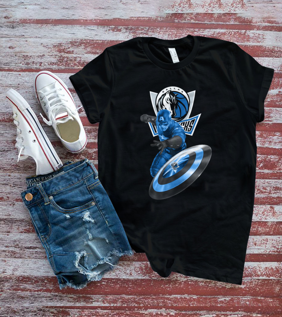 Dallas Mavericks Captain America Crossover Collaboration Featuring Iconic Shield T-Shirt