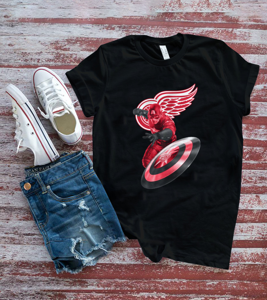 Detroit Red Wings Featuring Marvel's Captain America In Iconic Shield Pose T-Shirt