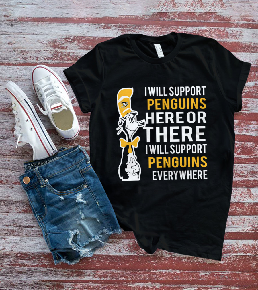 Pittsburgh Penguins Dr Seuss Cat Support Penguins Here There Everywhere T-Shirt