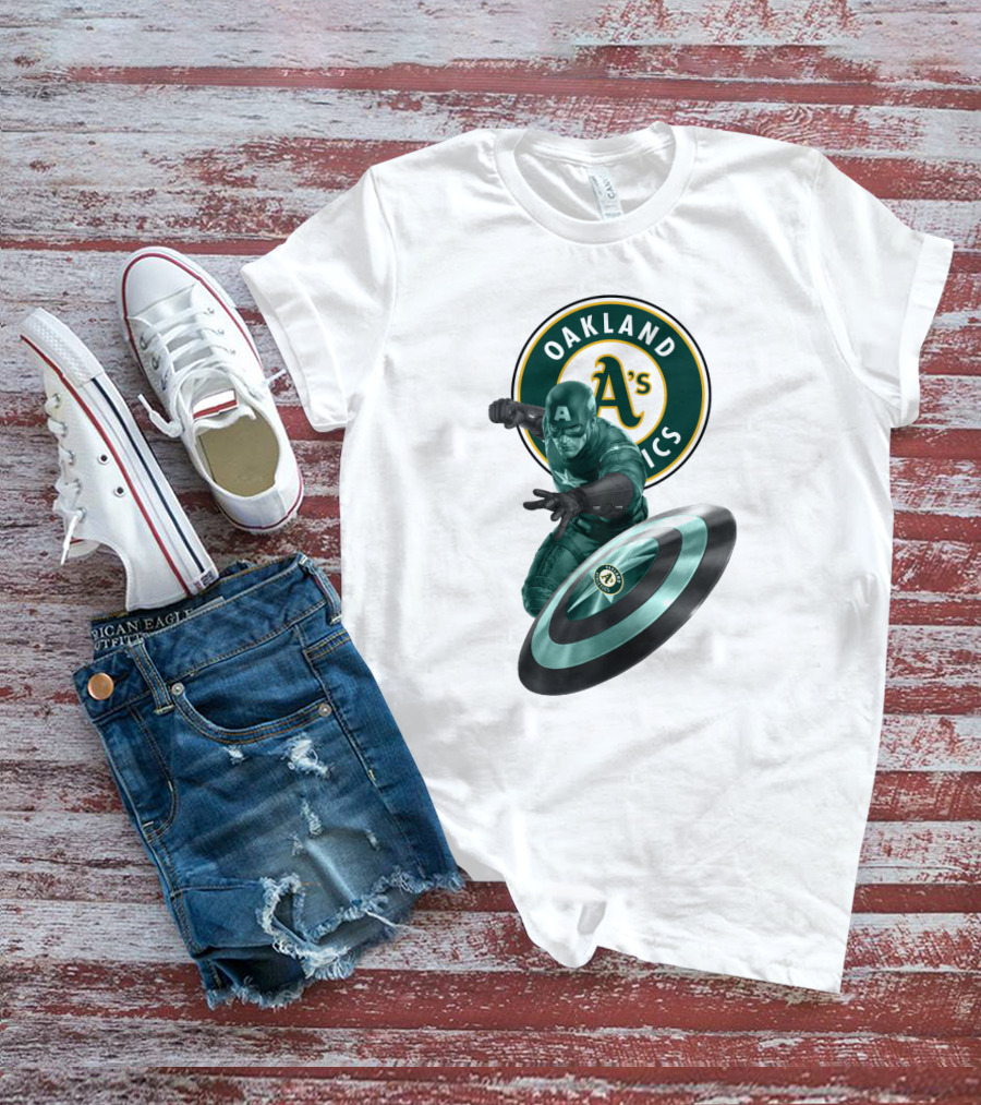 Oakland Athletics A's Logo With Captain America's Shield And Heroic Pose T-Shirt
