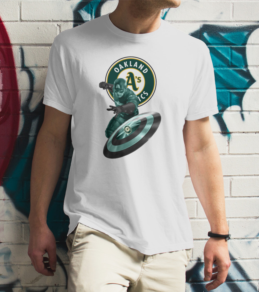Oakland Athletics A's Logo With Captain America's Shield And Heroic Pose T-Shirt