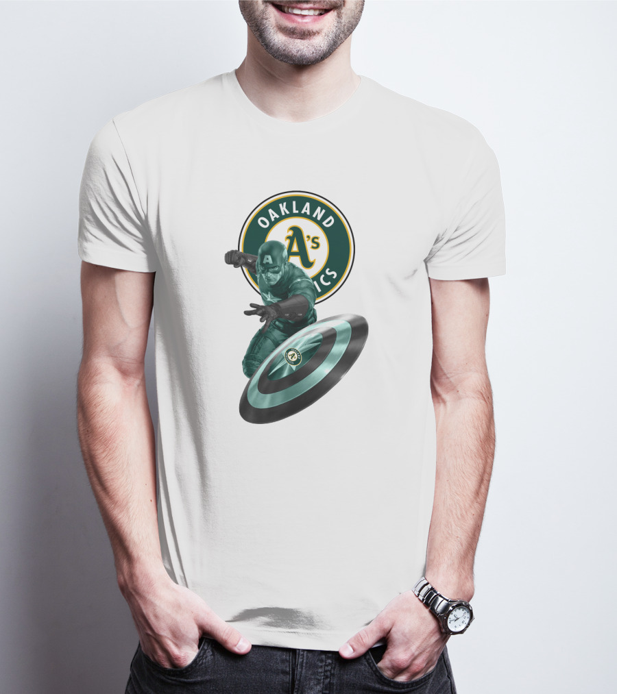 Oakland Athletics A's Logo With Captain America's Shield And Heroic Pose T-Shirt