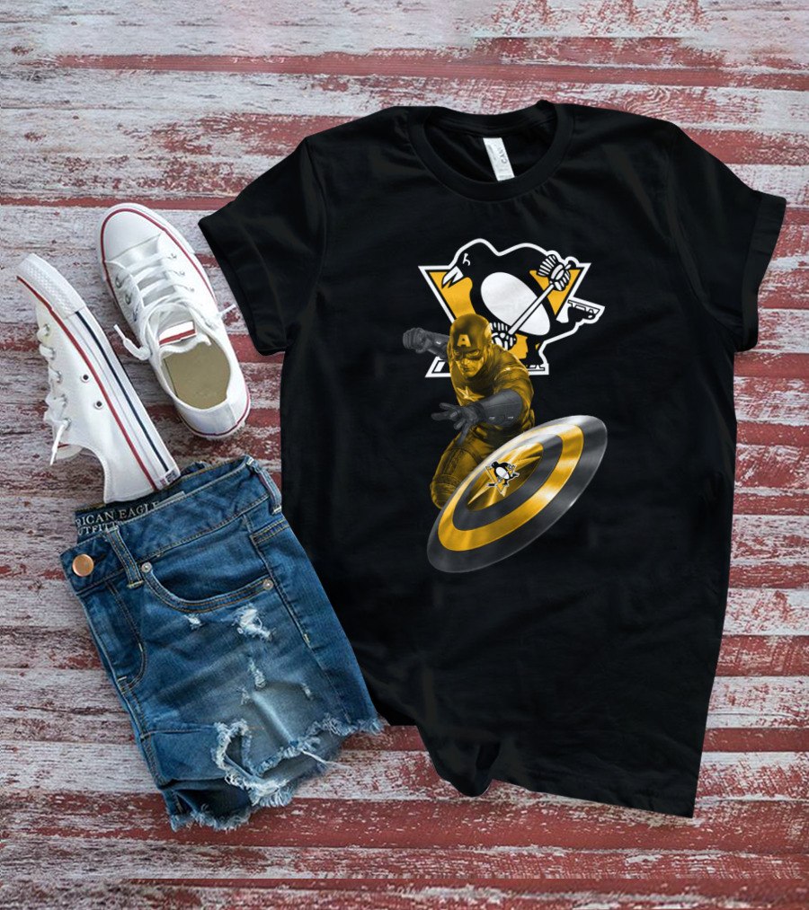 Pittsburgh Penguins Hockey Marvel Captain America Crossover Shield T-Shirt