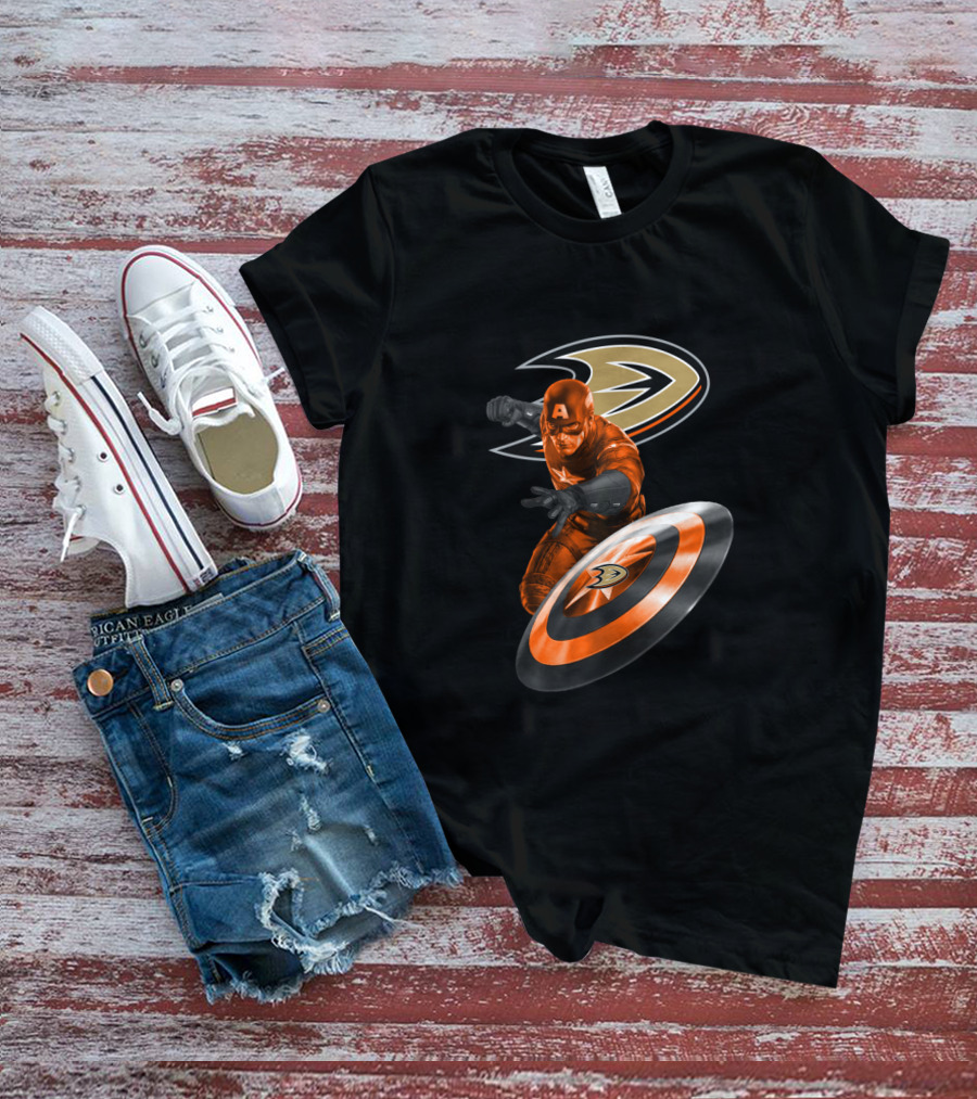 Anaheim Ducks And Captain America Enthusiasts Unite With Marvel Heroic Hockey T-Shirt