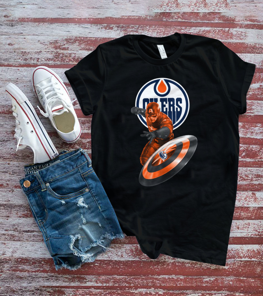 Edmonton Oilers Captain America Crossover With Shield Logo And Dynamic Pose T-Shirt
