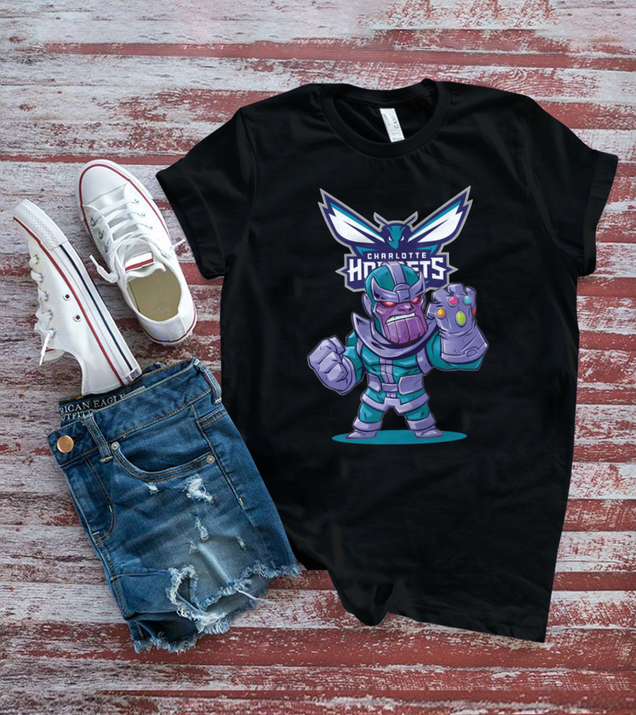 Thanos With Infinity Gauntlet And Charlotte Hornets Logo Crossover T-Shirt
