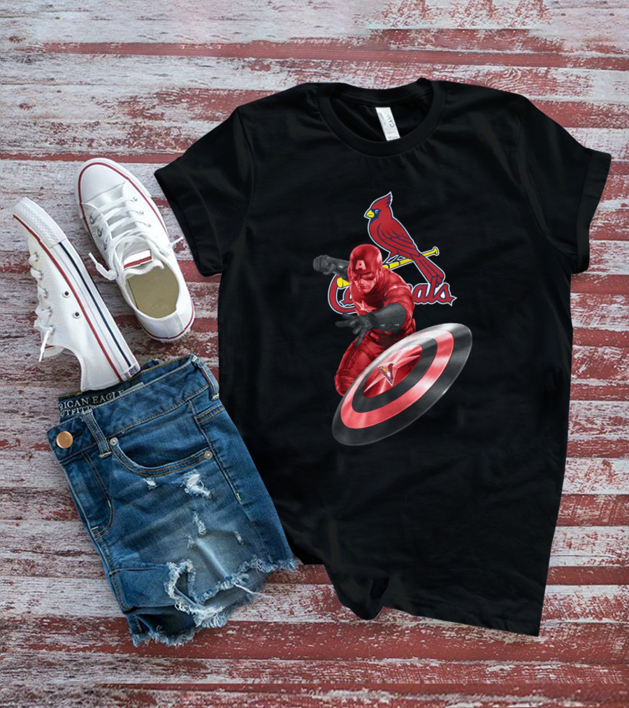 St. Louis Cardinals Captain America Logo Fusion Featuring Iconic Superhero And Baseball Team T-Shirt