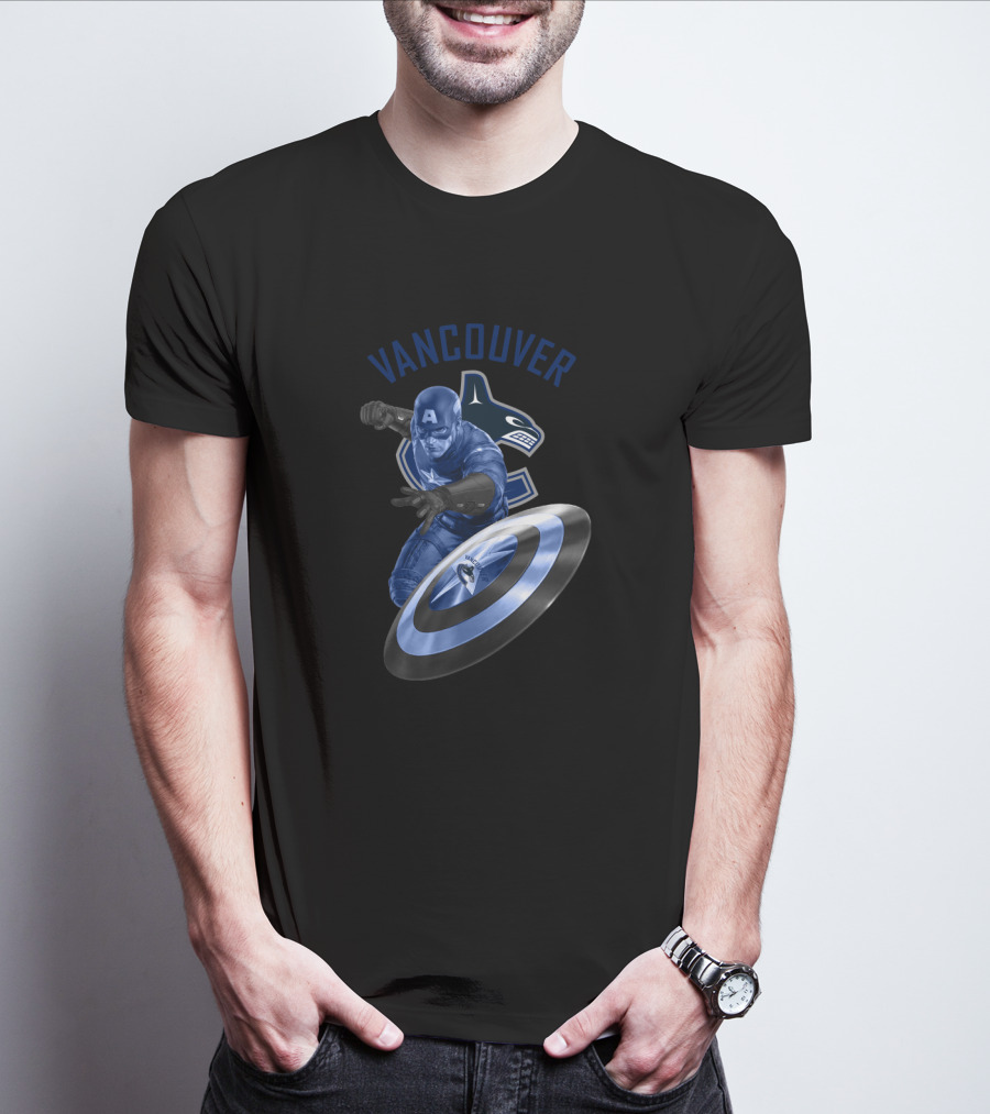 Vancouver Canucks Captain America Logo Crossover With Hockey Orca And Shield T-Shirt
