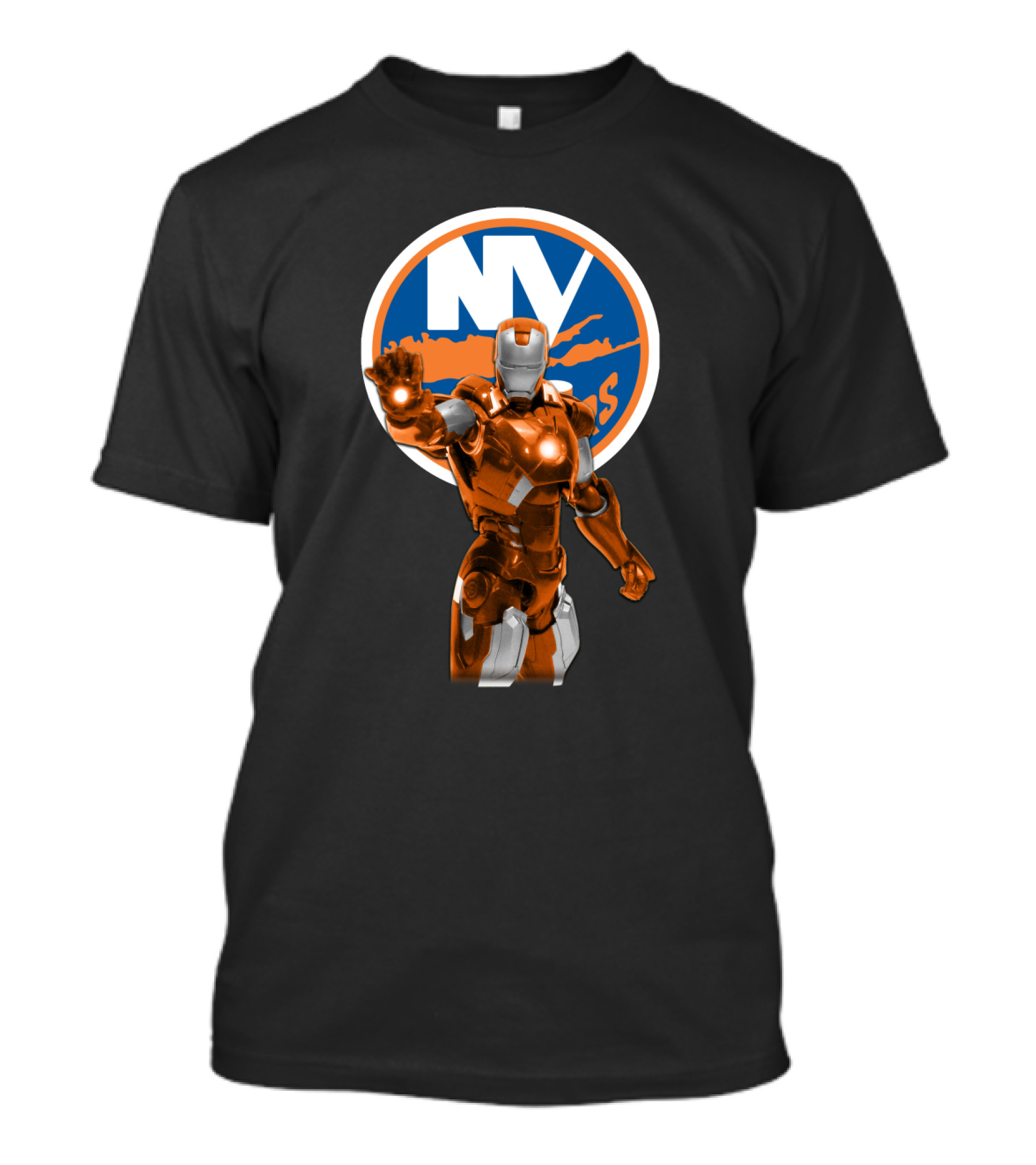 Iron Man New York Islanders Crossover Graphic Featuring NY Logo Background T-Shirt