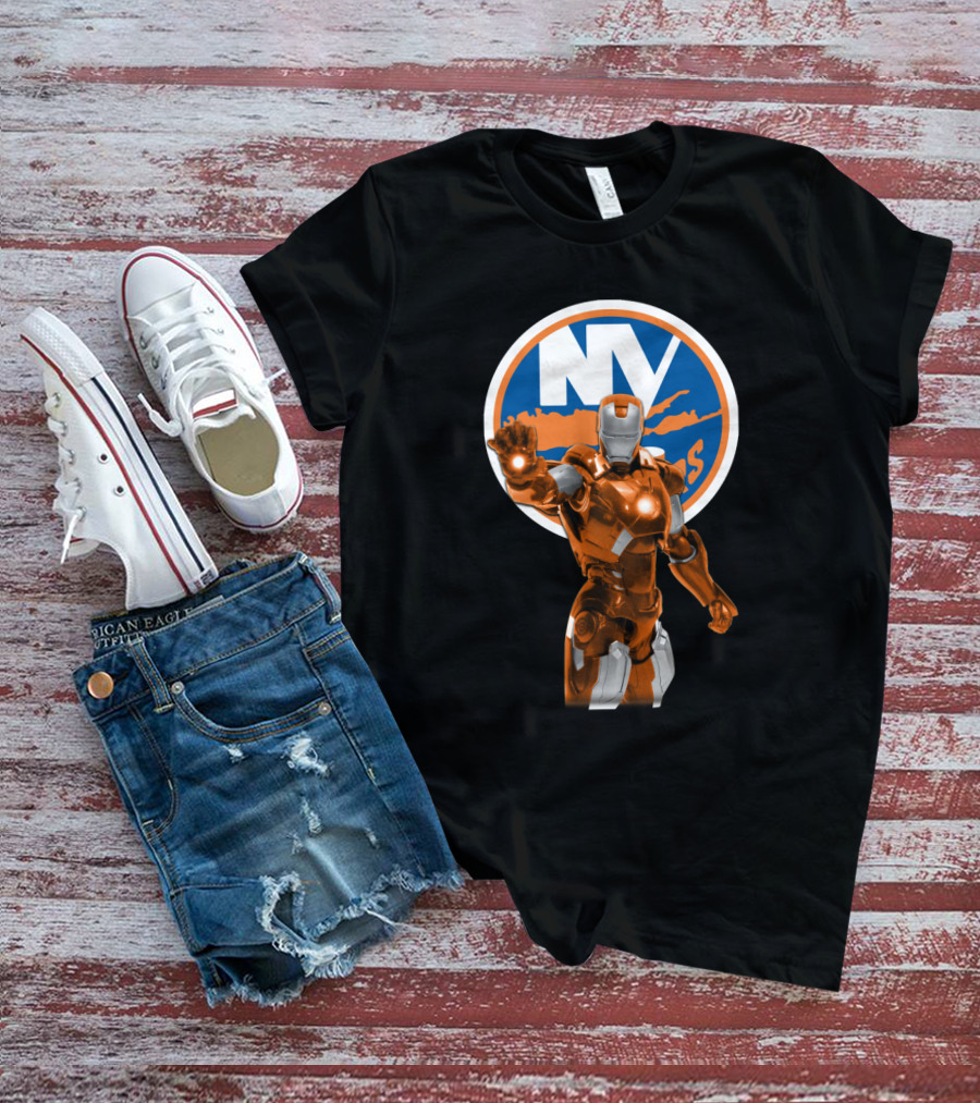 Iron Man New York Islanders Crossover Graphic Featuring NY Logo Background T-Shirt