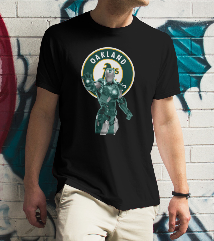 Oakland Athletics X Iron Man Crossover Marvel Avengers Baseball Team Collaboration T-Shirt
