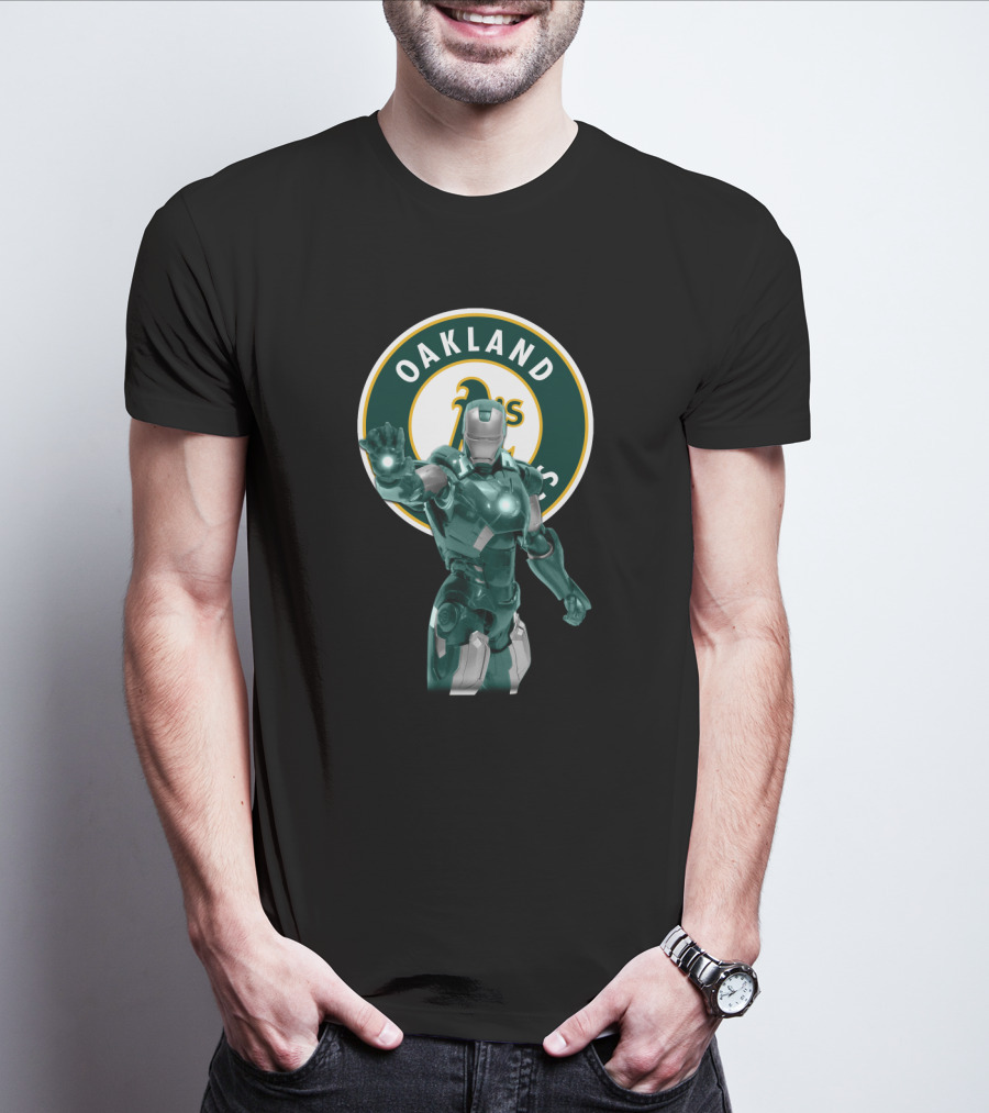 Oakland Athletics X Iron Man Crossover Marvel Avengers Baseball Team Collaboration T-Shirt