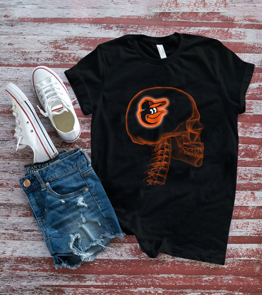 Baltimore Orioles Brain Skeleton Halloween Orange T-Shirt