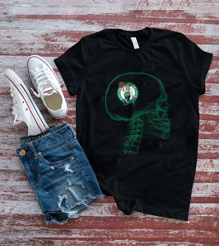 Boston Celtics Logo In Skeleton Brain Halloween Concept T-Shirt