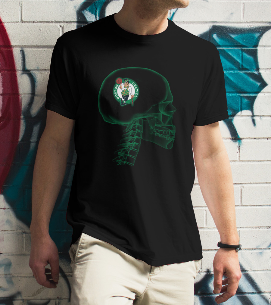 Boston Celtics Logo In Skeleton Brain Halloween Concept T-Shirt